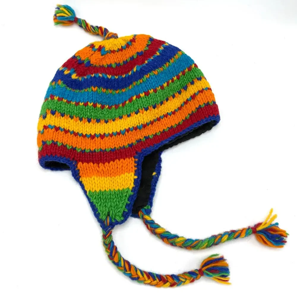 Rainbow Striped Wool Sherpa Hat Earflap Beanie Stocking Cap Toque Toboggan Nepal